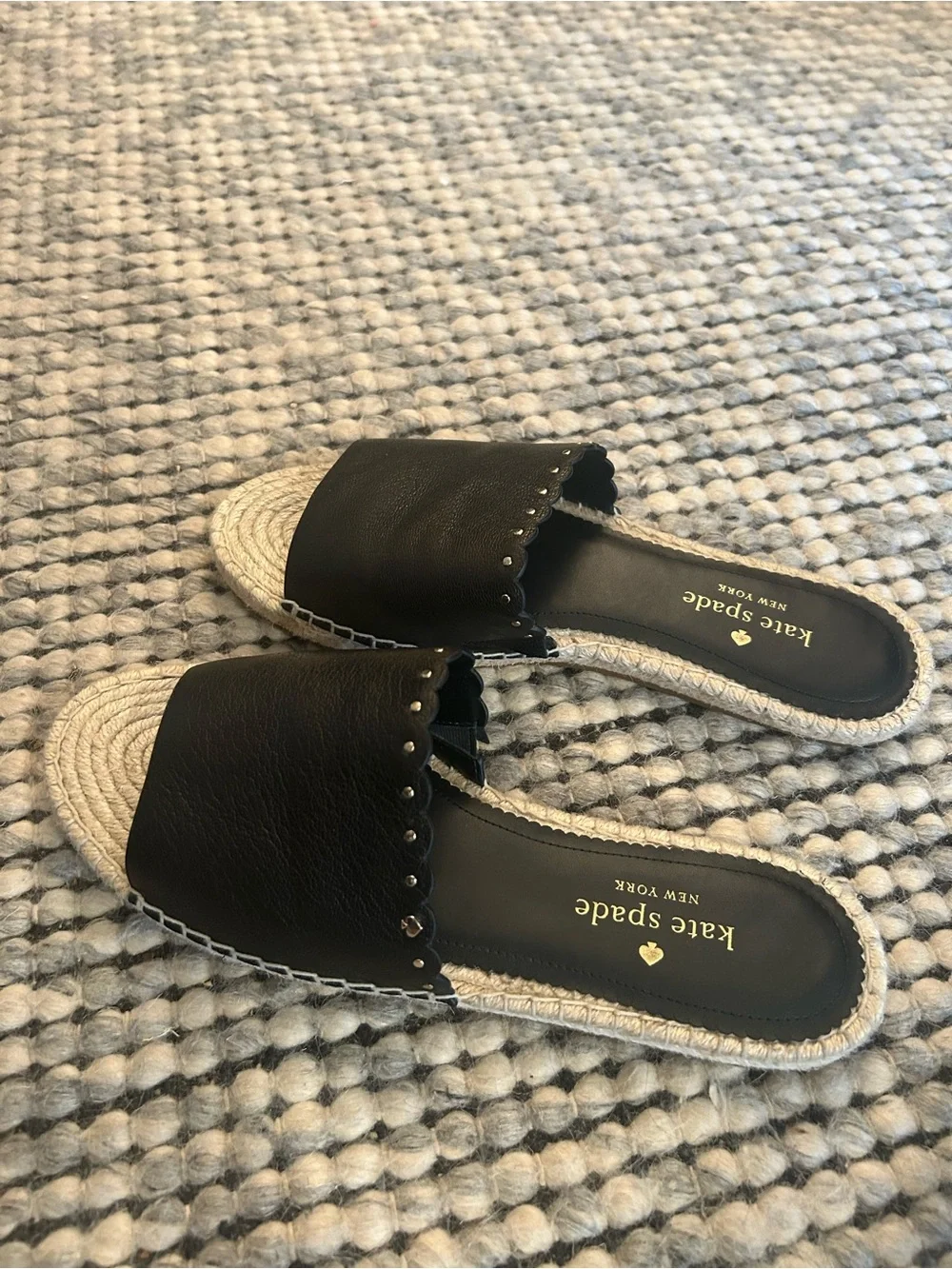 kate spade Black Leather Scalloped Espadrille Slides